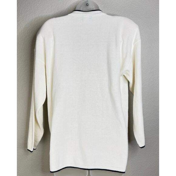 Vintage Varsity Cardigan In White Navy Stripes Size Large Preppy Office Siren - Picture 2 of 7